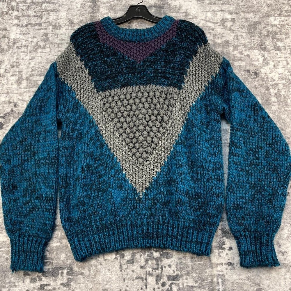 Vtg Sears Roebuck Men's M Hand Knit Chunky‎ Geometric Sweater Blue 80s Academia